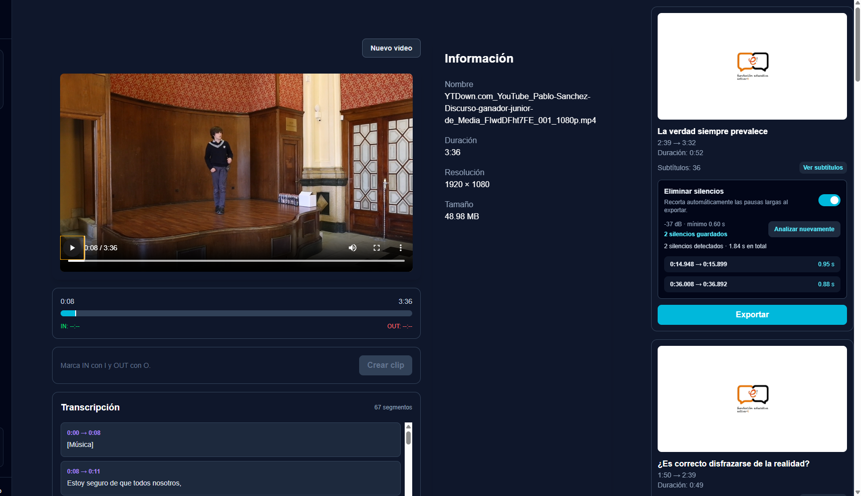 EDIVIQ analizando un video y mostrando clips detectados